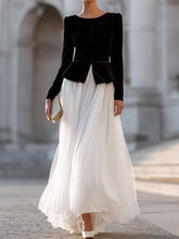 Black Velvet Peplum Top And White Chiffon Maxi Skirt Elegant Two-Piece Set