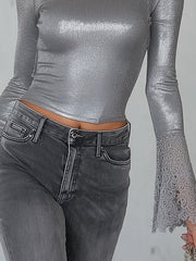 Silver Cold Shoulder Lace Cuff High Neck Shirt
