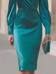 Teal Satin Deep V-Neck Puff Sleeve Midi Dress