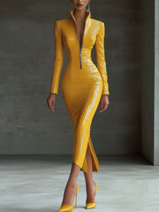 Stylish Yellow Textured Faux Leather Midi Bodycon Dress With Zipper