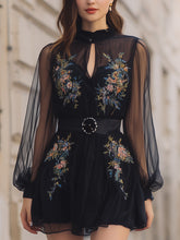 Floral Embroidered Sheer Black Dress With Cinched Waist