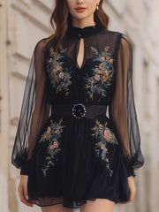 Floral Embroidered Sheer Black Dress With Cinched Waist