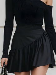 Black One-Shoulder Ribbed Knit Ruffle Hem Mini Dress