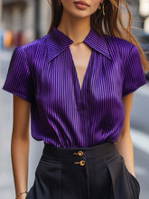 Satin Stripe Short-Sleeve Glossy Blouse with Wide Collar