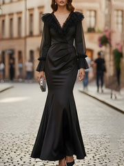 Black Long-Sleeve Ruffled V-Neck Mermaid Evening Dress