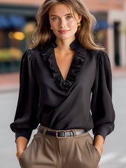 Ruffled V-Neck Long-Sleeve Blouse