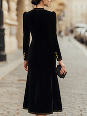 Velvet Gold-Trim Buttoned Midi Dress