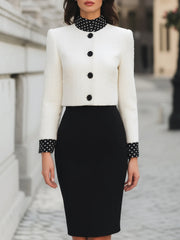 Two-Piece Polka-Dot Trim Tweed Jacket And Pencil Skirt Set