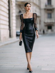 Elegant Faux Leather Dress With Sheer Mesh Sleeves