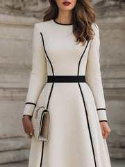 Ivory Long-Sleeve A-Line Midi Dress With Contrast Panel Lines