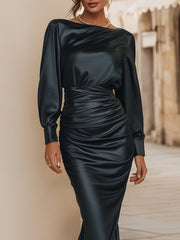 Elegant Draped Satin Long Sleeve Maxi Dress