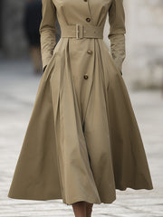 Camel Contrast Collar Belted Trench Coat Dress