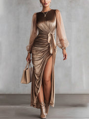 Champagne Velvet Maxi Dress With Sheer Sleeves And Side Tie Draping