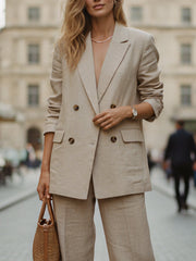 Beige Oversized Linen Suit Set