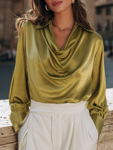 Elegant Olive-green Draped Satin Blouse