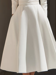 Elegant White Satin A-Line Midi Dress With Deep V-Neck