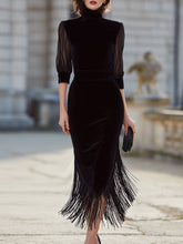 Elegant High-Neck Fringe Hem Evening Dress