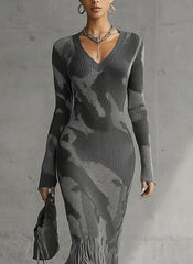 Yohers Olive Camo Knit V-Neck Fringe Hem Bodycon Dress