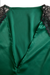 Deep V-Neck Satin Blouse with Lace Details - Emerald Allure