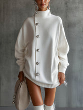 White Oversized Buttoned Turtleneck Sweater Dress