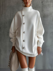 White Oversized Buttoned Turtleneck Sweater Dress