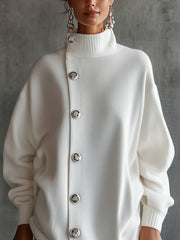 White Oversized Buttoned Turtleneck Sweater Dress
