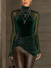 Green Velvet Mesh Asymmetric Ruched Shirt