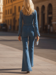 Denim Belted Jumpsuit With Flared Legs