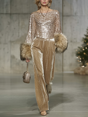 Golden Sequin Chiffon Shirt With Faux Fur Cuff Detail