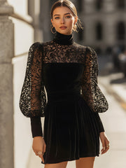 Velvet Mini Dress With Sheer Embroidered Sleeves