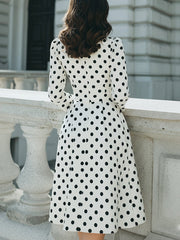 White Polka Dot Midi Dress With Bow Waist Detail