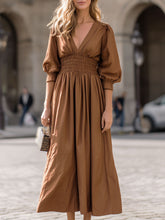 Elegant Camel Deep V-Neck Smocked-Waist Midi Dress