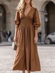 Elegant Camel Deep V-Neck Smocked-Waist Midi Dress