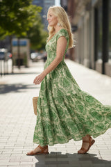 Printed Flow Maxi Dress with V Neckline