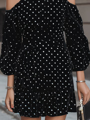Chic Black Polka Dot Velvet Cold-Shoulder Mini Dress