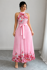 Floral Pleated Square Neck Midi Dresses