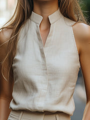 Minimalist High-Collar Sleeveless Linen Blouse