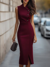 Sophisticated Burgundy Sleeveless Midi Dress with Asymmetrical Button