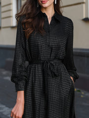 Satin Houndstooth Shirt Dress With Tie Waist
