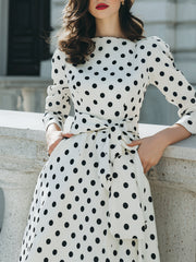 White Polka Dot Midi Dress With Bow Waist Detail