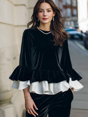 Velvet Ruffle Hem Blouse With Contrast Layered Flounces