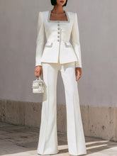 White Structured Suit With Embellished Trim And Sculpted Silhouette