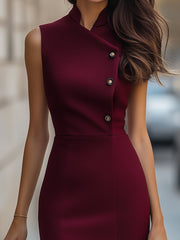 Sophisticated Burgundy Sleeveless Midi Dress with Asymmetrical Button