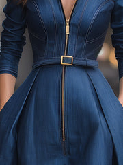 Elegant Zippered Belted Denim Midi Dress