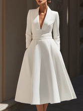 Elegant White Satin A-Line Midi Dress With Deep V-Neck