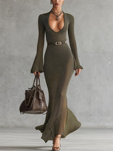 Olive Green Flare-Sleeve Plunge Neck Maxi Dress