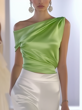 24-Hour-Shipping One Shoulder Sleeveless Light Green Satin Shirt