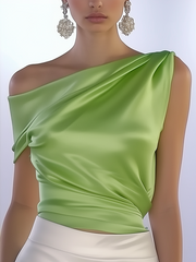 24-Hour-Shipping One Shoulder Sleeveless Light Green Satin Shirt