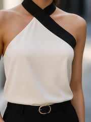 Contrast Trim Asymmetric Halter Neck Sleeveless Blouse