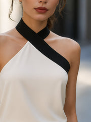 Contrast Trim Asymmetric Halter Neck Sleeveless Blouse